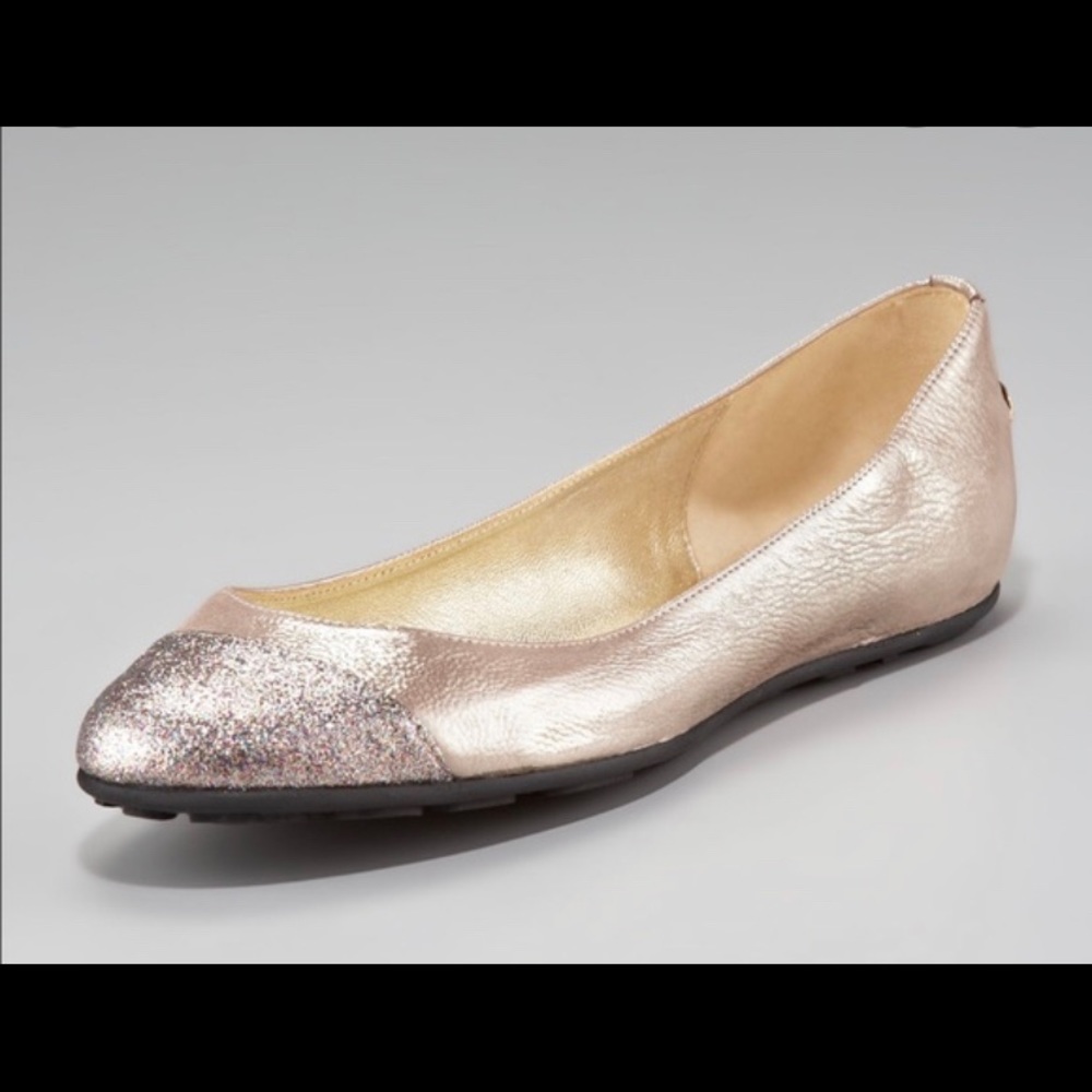 Jimmy Choo “Whirl” ballet flat in beige metallic and multi glitter cap toe SZ38